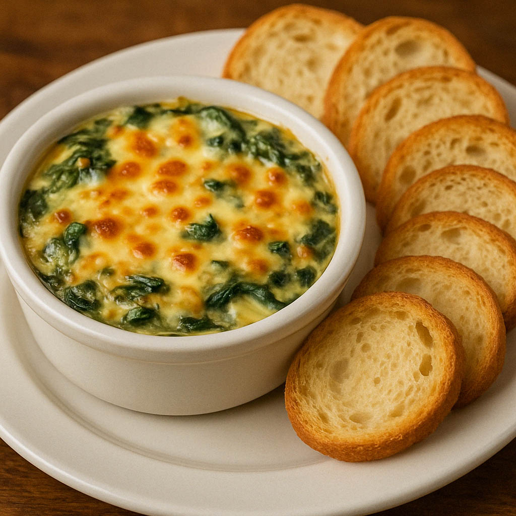 CHEESY GARLIC SPINACH & ARTICHOKE DIP with CROSTINI