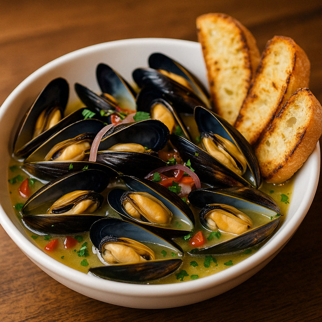 WHITE WINE MUSSELS with CROSTINI